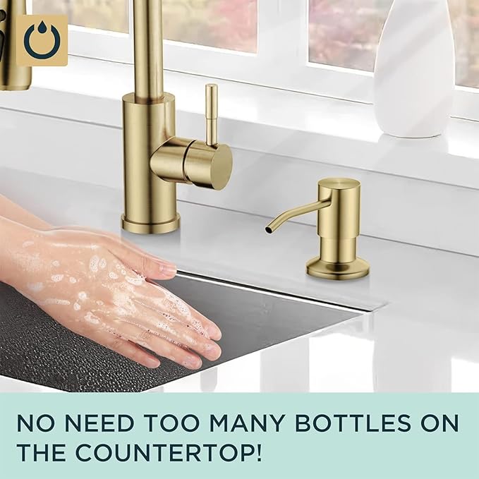 FORIOUS Brushed Gold Soap Dispenser for Kitchen Sink with 500ML/18OZ Bottle, Lotion Dispenser Built in Refill from The Top for Countertop Sink