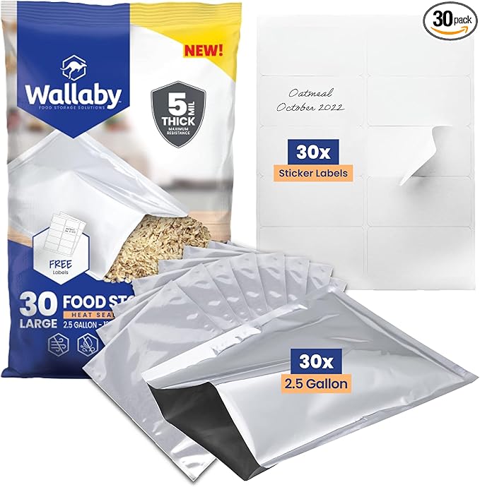 Wallaby 30 Count 2.5-Gallon Mylar Bags with Labels, 5 Mil Total Thickness Long-Term Food Storage Pouches, 12x18 Heat-Sealable Airtight Packaging - Silver