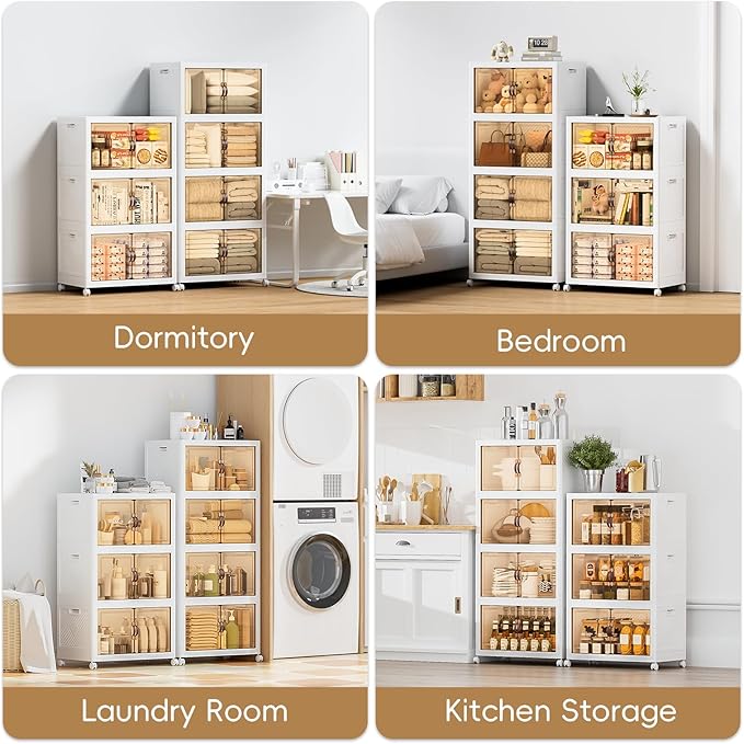 JEKO&JEKO 246Qt Stackable Storage Bins with Lids and Wheels, Foldable Collapsible Plastic Drawer Boxes for Clothes, Home, White, 3 Pack