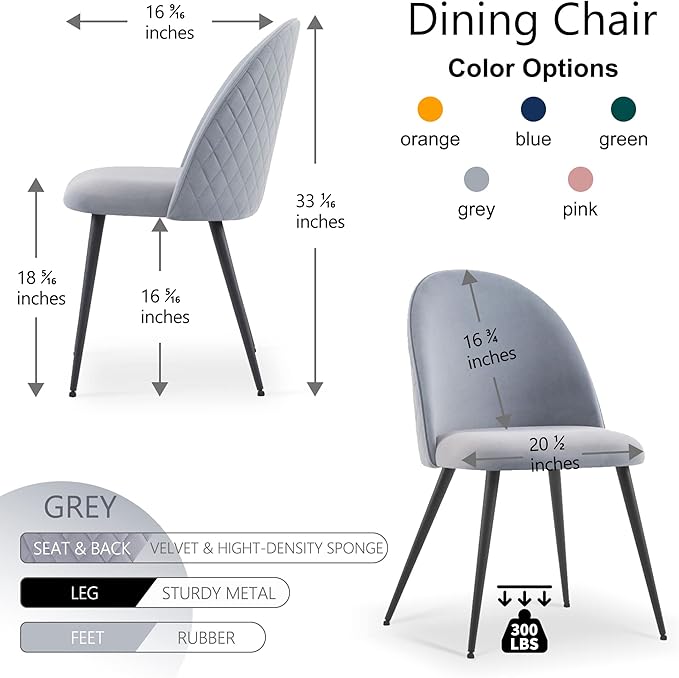 Upholstered Dining Chair Set of 4,Modern Kithen Velvet No Arms Home Ergonomic High-Back Vanity Elegant Accent with Black Metal Legs for Any Decor,Grey, 4*Chair,