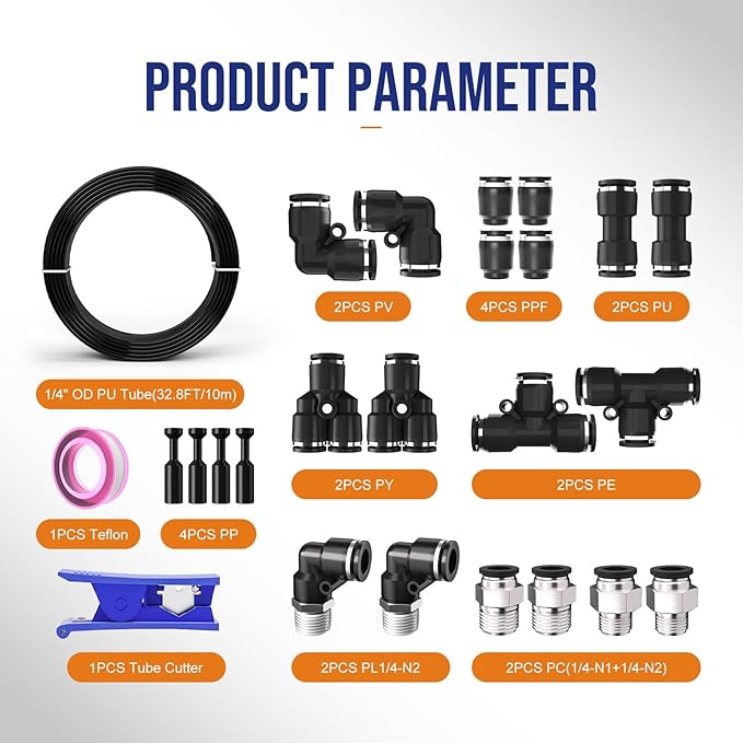 1/4 Dot Air line,1/4 inch OD Air Hose Kit,Airline Tubing Repair Kit Compressor Tube with Push to Connectors Fittings (Black-32.8FT/10M)