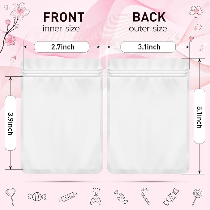 Funfery 100 Pack White Resealable Mylar Bags, Double Sided Color, Odor Proof, Pouch Baggies, Smell Proof, Foil Bag for Food Storage, Small Business (White, 3.1x5.1 inch)
