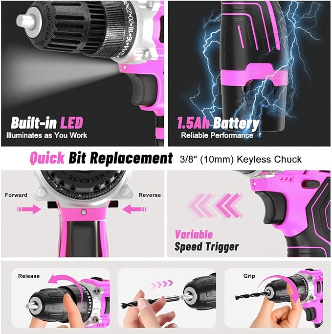 GardenJoy Cordless Power Drill Set: 12V Electric Drill with Battery and Charger, 65pcs Acessories, 3/8"Keyless Chuck, 2 Variable Speed, 24+1 Position, Compact Drill Driver Kit for Home & DIY Project
