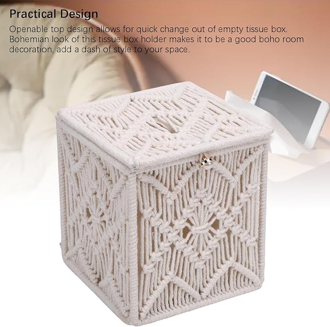 Tissue Box,lace Square Open Tissue Box,Cover Boho Decor Square Holder Woven Macrame Napkin Facial Paper Organizer Home Decor for Bedroom Living Room