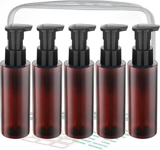 Cosywell Plastic Pump Bottles Dispenser Leak Proof 3.5oz/105ml 5 Pack Portable Empty Refillable Container Brown Plastic Lotion Pump Dispenser Bottle for Facial Cleansing Oil Shampoo Shower Gel
