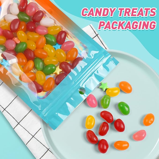 Funfery 300 Pack Smell Proof Resealable Bags for Food Storage,Holographic Bags 4x6 Blue Orange Mylar Clear Packaging Bag- Scent Proof for Cookies, Zip Foil Pouch for Small Business