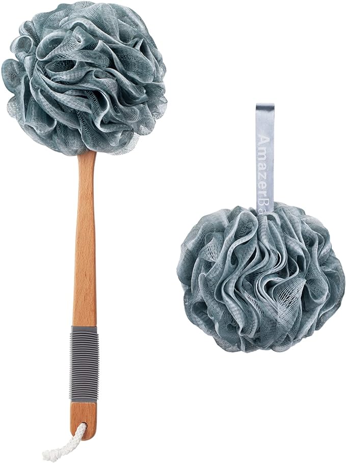 AmazerBath Shower Sponge Loofah Back Scrubber, PE Soft Mesh Loofah Body Scrubber with Long Wooden Handle, Bath Sponge for Men Women (Gray)
