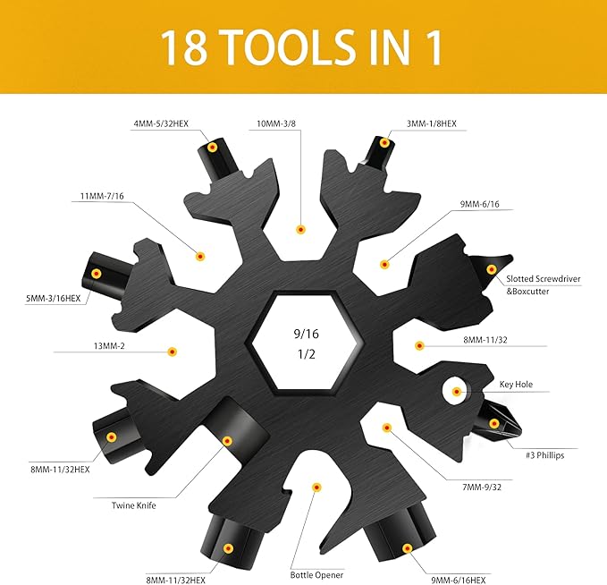 Snowflake Multitool, 1 Pieces 18-in-1 Stainless Steel Snowflake Standard Multitool, Snowflake Tool with Key Ring, Carabiner Clip and Gift Bag (Black)
