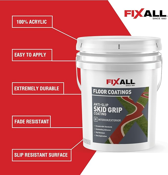 FIXALL Skid Grip Anti-Slip Coating, 5 Gallons, Slate, Exceeds ADA Standards, Ideal for Safety Areas, Slip-Resistant Pavement, Cement & Concrete Paint