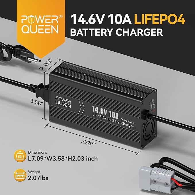Power Queen 12.8V 50Ah LiFePO4 Battery with 14.6V 10A LiFePO4 Battery Charger, Built-in 50A BMS, 12V Lithium Deep Cycle Battery, 15000+ Cycles, Perfect for Kayak, RV, Trailer, Solar Application