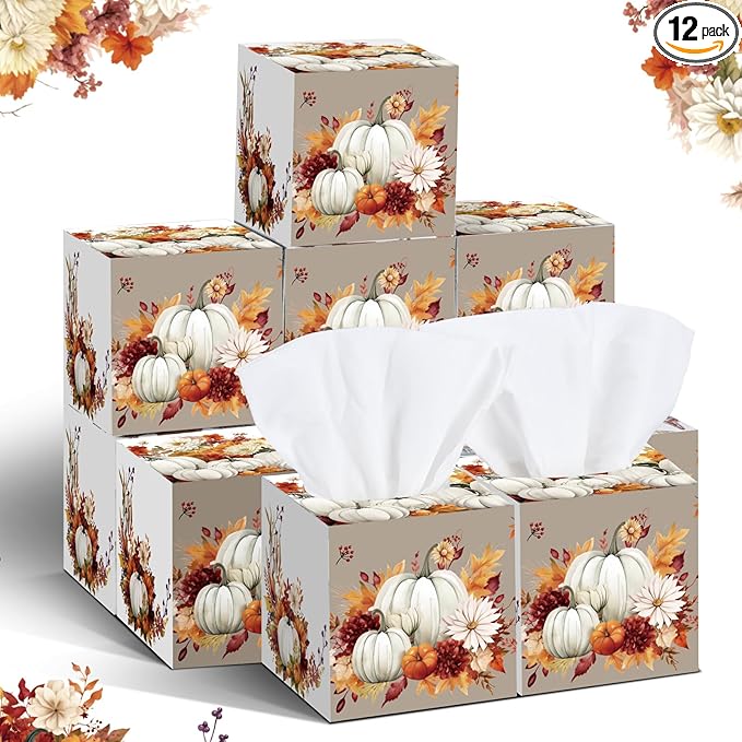12 Pack Thanksgiving Pumpkin Facial Tissues Cube Face Boxes 600 Sheets 3 Ply Small Fall Square Tissues Bulk for Thanksgiving Day Autumn Harvest Car Bedroom Party Supplies
