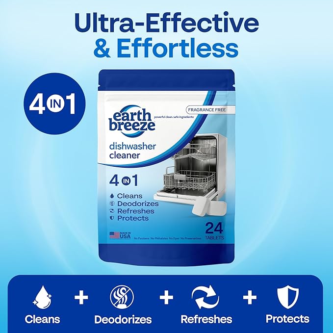 Earth Breeze Dishwasher Cleaner Tablets – 4-in-1 Cleans, Deodorizes, Refreshes & Protects – Removes Odor, Buildup & Residue – Fragrance Free, No Harsh Chemicals, Safe for All Dishwashers - Made in USA