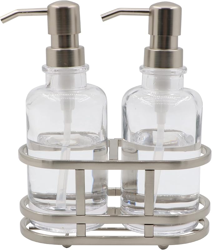 3 Piece Round Heavy Weight Glass Soap Lotion Pump Dispenser Set with Metal Caddy for Home Bath Kitchen Travel Office Hand Crafted Metal Tray Nickel