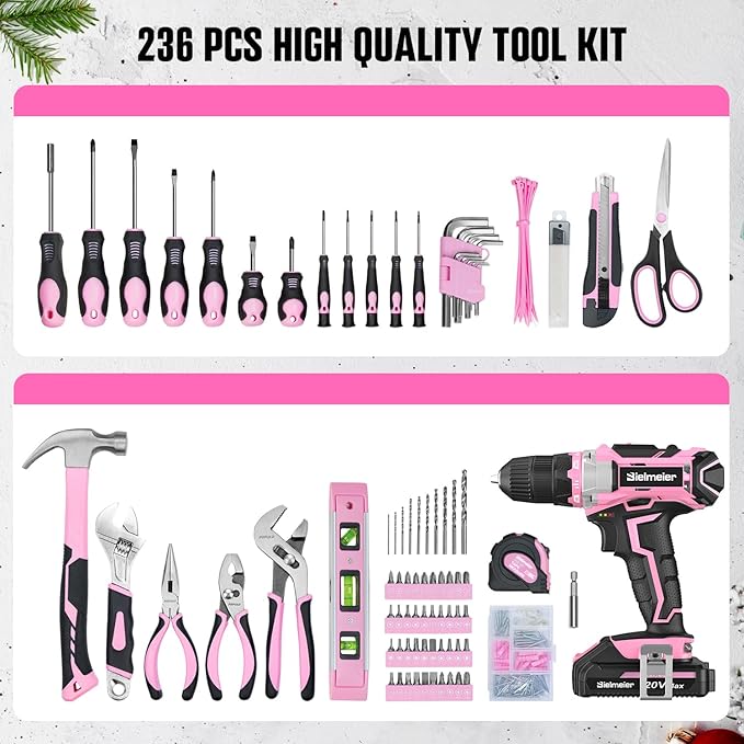 Bielmeier 20V 236Pcs Cordless Pink Drill Set for Women, Lady’s Essential Home Tool Kit with Pink Bag, Perfect DIY Electric Screwdriver Set for Home Repair & Gifts
