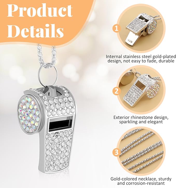 2 Pack Bling Rhinestone Whistles with Lanyard, Metal Whistle Emergency Sports Whistle, Accessories Loud Crisp Sound for Coach Captain Referee Teacher