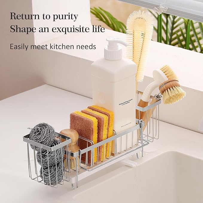 Silver Sponge Holder for Kitchen Sink, Sink Caddy Organizer with High Brush Holder, Kitchen Countertop Organizers and Storage Essentials, Rustproof 304 Stainless Steel, Soap Dispenser Organize