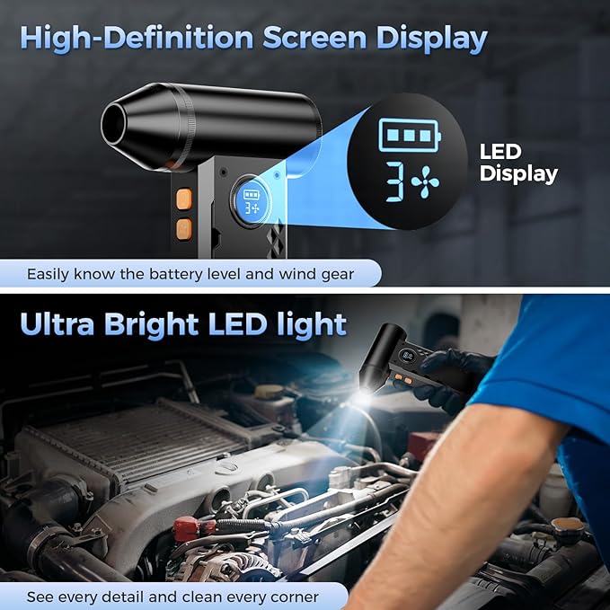 Compressed Air Duster, 150000RPM Electric Air Duster with LED Display & Light, 4 Gear Adjustable Cordless Air Blower, Rechargeable Brushless Motor Turbo Fan for Keyboard, Electronic Devices, Home, Car