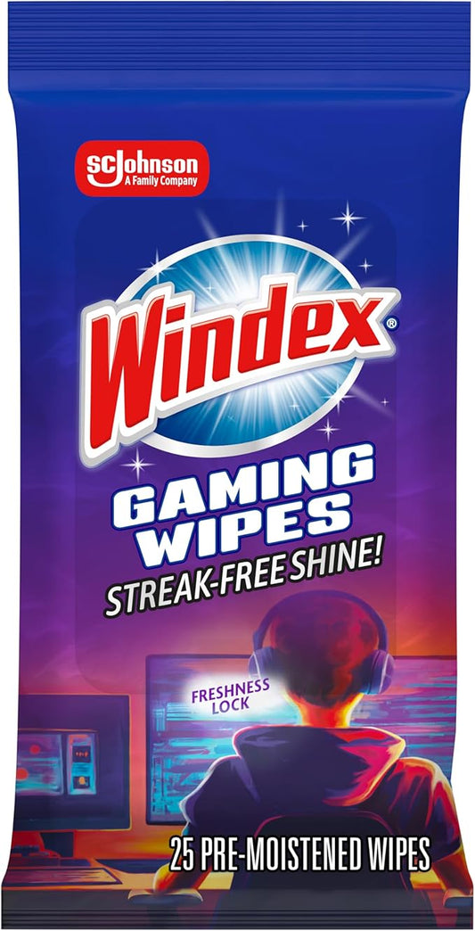 Windex Gaming Cleaning Wipes, Pre-Moistened Wipes to Instantly Clean all Gaming Gear and Electronics, Resealable Packaging for a Freshness Lock, 25 count (Pack of 1)