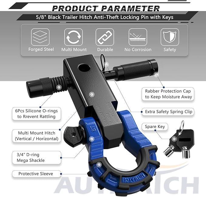 AUTMATCH Shackle Hitch Receiver 2" with 3/4" Mega D Ring Shackle and 5/8" Trailer Hitch Lock Pin, 68,000 Lbs Break Strength Heavy Duty Receiver Towing Kit for Off-Road Vehicle Recovery, Black & Blue