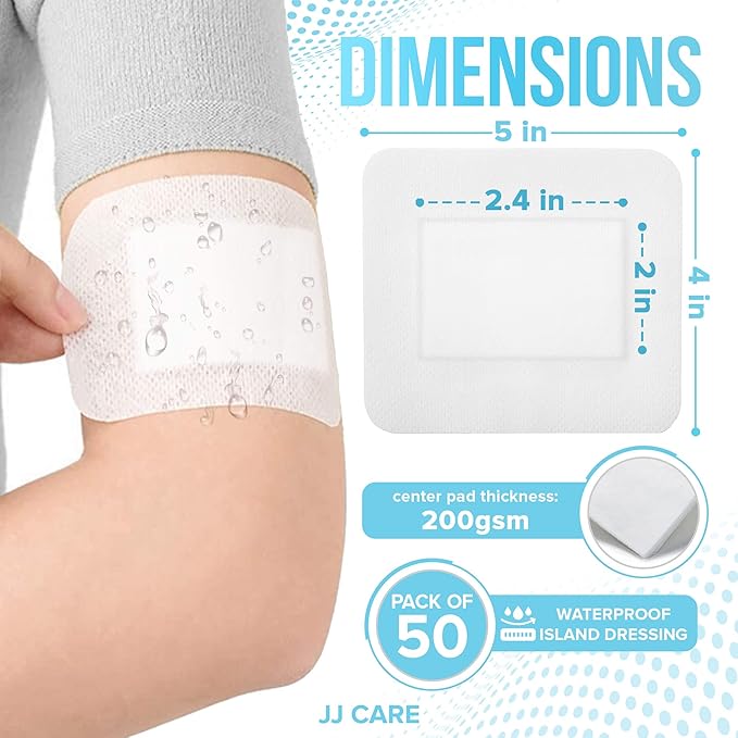 JJ CARE Waterproof Adhesive Island Dressing [Pack of 50], 4" x 5" Sterile Bordered Gauze, Breathable Island Wound Dressing, Individually Wrapped Adhesive Gauze Bandages with Non-Stick Central Pad