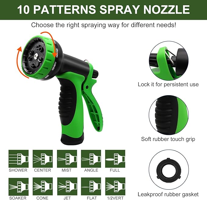 50 FT Expandable Garden Hose, Water Hose with 10-Function High-Pressure Spray Nozzle, Heavy Duty Flexible Hose, 3/4" Solid Brass Fitting