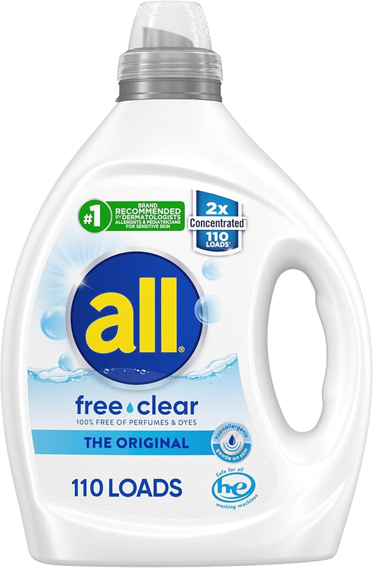 all free clear, Original, Liquid Laundry Detergent for Sensitive Skin, Unscented and Hypoallergenic, Concentrated, 82.5oz, 110 Loads