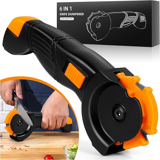 6-in-1 Garden Tool & Kitchen Knife Sharpener with Ceramic, Professional Knives Sharpener for Sharpens & Polishes Blades, Lawn Mower Blades, Axe, & Scissors Sharpening Tool with Non-Slip Grip
