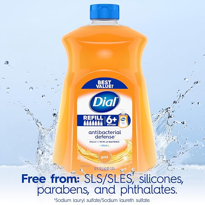 Dial Antibacterial Defense Liquid Hand Soap + Aloe, Gold Scent, 52 Fl Oz Hand Soap Refill (3 Count), Dermatologist-Tested, Gentle Formula