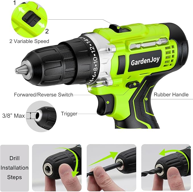 GardenJoy 20V Cordless Drills Set, Power Electric Drill kit with Battery and Charger 65pcs Acessories 3/8"Keyless Chuck 2 Variable Speed 24+1 Position Compact Driver Kit for Home & DIY Project