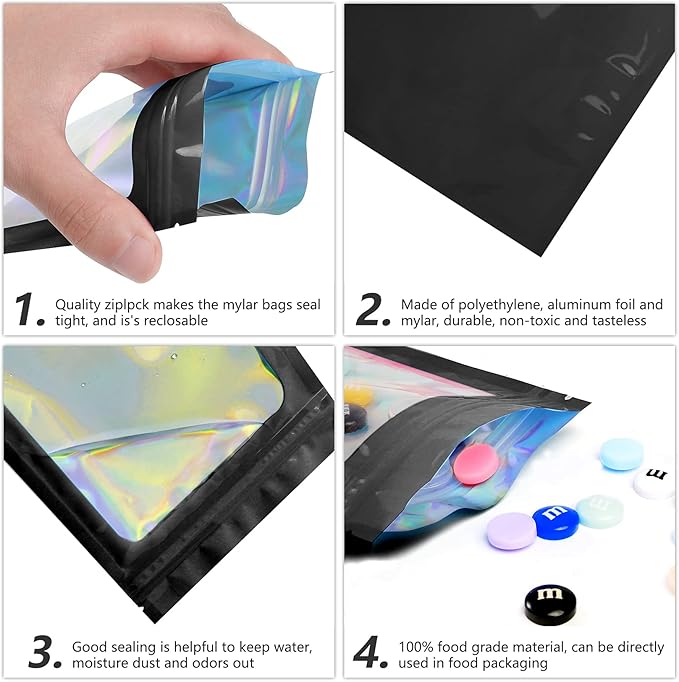 Funfery 100 pcs Black Smell Proof Mylar Holographic Bags Packaging Bags,Clear Resealable Odor Proof Bag Foil Pouch Bag for Food Storage,Gloss,Jewelry,Lash Packaging for Small Business(4.7x7.9In)
