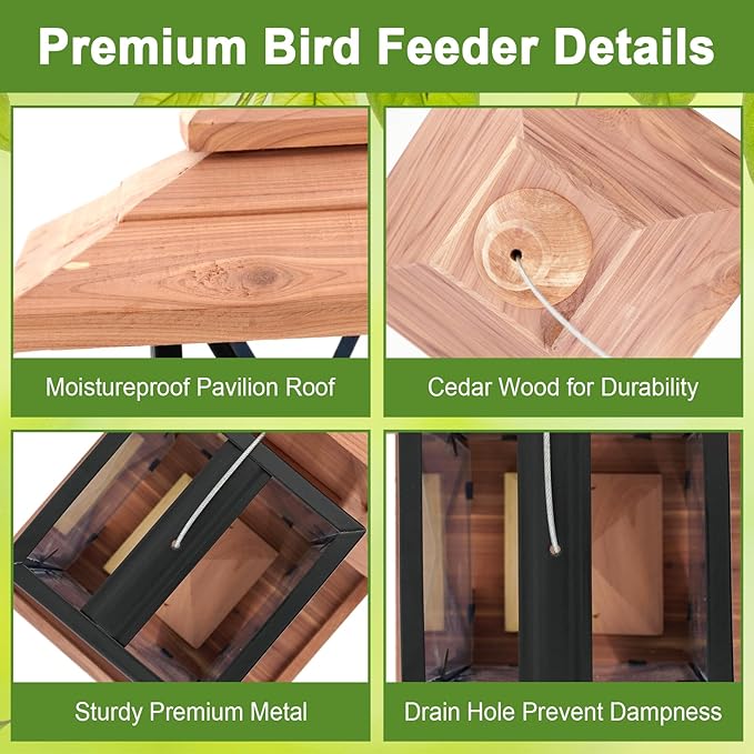 Cedar & Metal Frame Bird Feeder for Outdoors Hanging Mount Large Capacity, Black Wooden Garden Roof Feeder Lantern Style, Cardinal Bluebird Birdfeeder with Iron Frame Wall for Garden Decor Durable