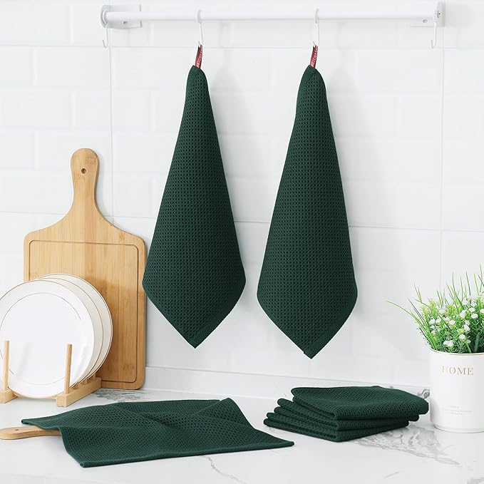 Kitinjoy 100% Cotton Kitchen Dish Cloths, 8 Pack Waffle Weave Ultra Soft Absorbent Dish Towels for Drying Dishes Quick Drying Kitchen Towels Dish Rags, 12 X 12 Inches, Blackish Green