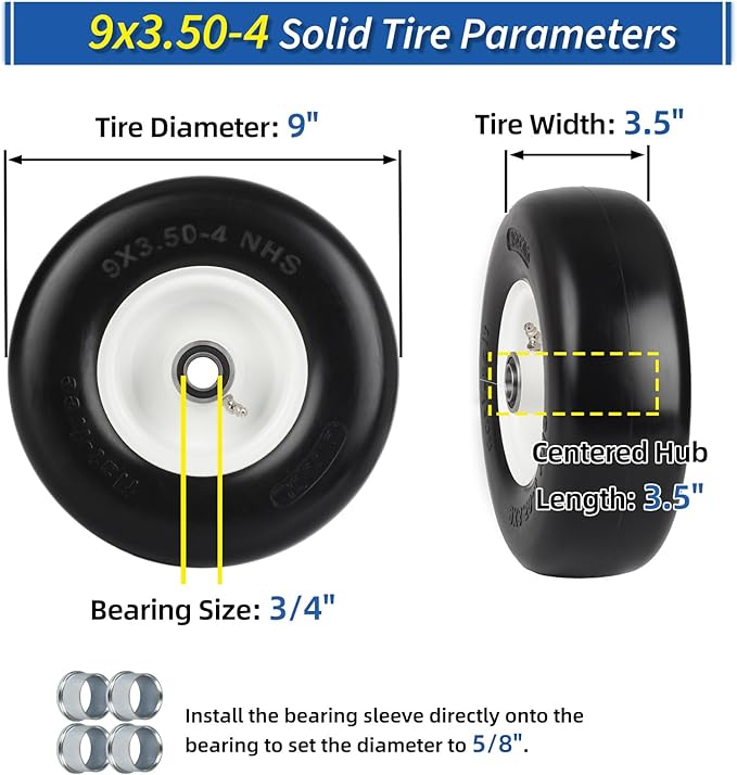 9x3.50-4 Flat Free Lawn Mower Tire and Wheel, Smooth Tread Tire for Zero Turn Mowers, Bearing Bore 3/4" & 5/8", Centered Hub Length 3.5"-4"-4.5"-5", 2 PCS