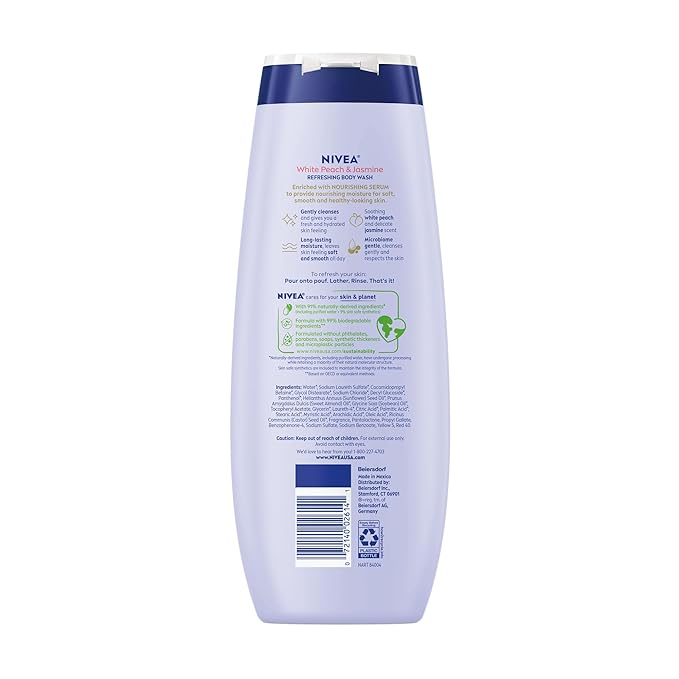 NIVEA Nourishing Shea Butter Body Wash, 20 Fl Oz Bottle Refreshing White Peach and Jasmine Scented Body Wash, 20 Fl Oz Bottle, Skin Care Set with Provitamin B5 and Vitamin E
