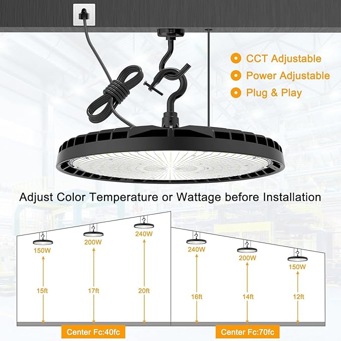 10 Pack UFO LED High Bay Light 150W 120W 90W Adjustable High Bay LED Shop Lights 4500K 5000K 5700K Tunable 0-10V Dimmable for Warehouse Garage ETL DLC Listed AC100-277V