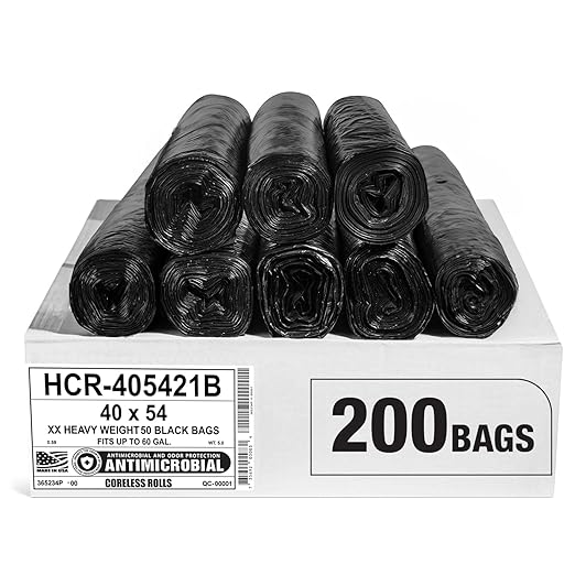 Aluf Plastics High Density Black Trash Bags, 55-60 Gallon, 200 Count, 21 Micron (eq) For Bathroom, Office, Industrial, Commercial, Janitorial, Municipal, Recycling