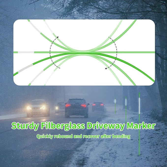 Growsun Driveway Marker 48 inch Green Fiberglass 5/16 inch Dia Snow Fence Reflective Plow Stakes for Yard Walkways Parking Lots Safety Rods Edge, 25 Pack
