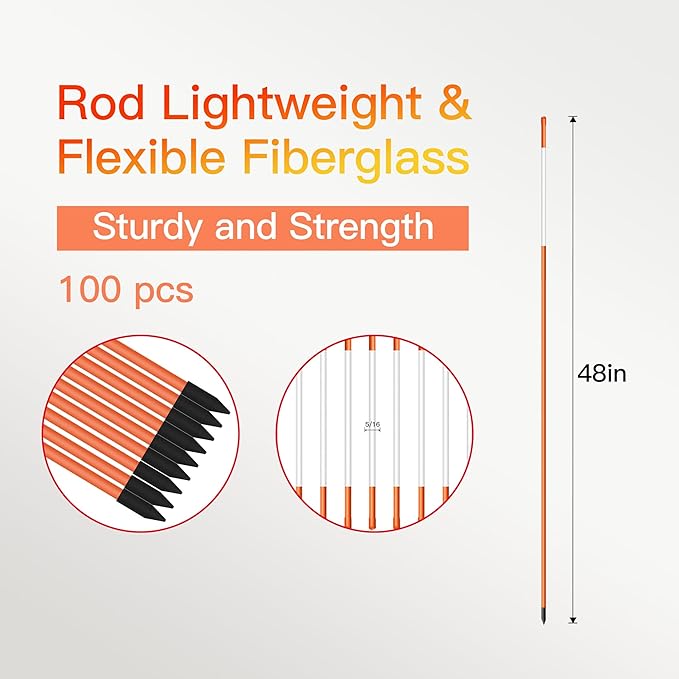 Driveway Markers 48 inch 100pcs, 5/16” Dia 4FT Snow Stakes with Reflective Tape, Highly Visible for Parking, Walkways, Snow Markers, 4FT Orange Fiberglass Poles Reflectors Markers with Steel Drill Bit