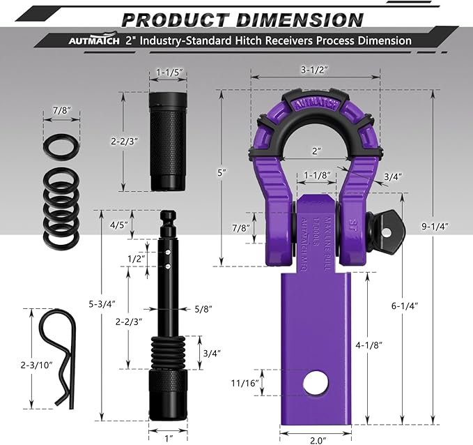 AUTMATCH Shackle Hitch Receiver 2" with 3/4" Mega D Ring Shackle and 5/8" Trailer Hitch Lock Pin, 68,000 Lbs Break Strength Heavy Duty Receiver Towing Kit for Off-Road Vehicle Recovery, Purple