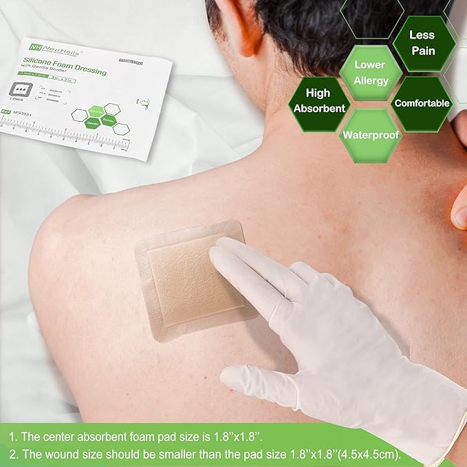 NeuHeils Silicone Adhesive Foam Dressing with Gentle Border 3''x3'' for Bed Sore, 10 Packs, High Absorbency Waterproof Silicone Wound Bandage for Foot Diabetic Ulcer