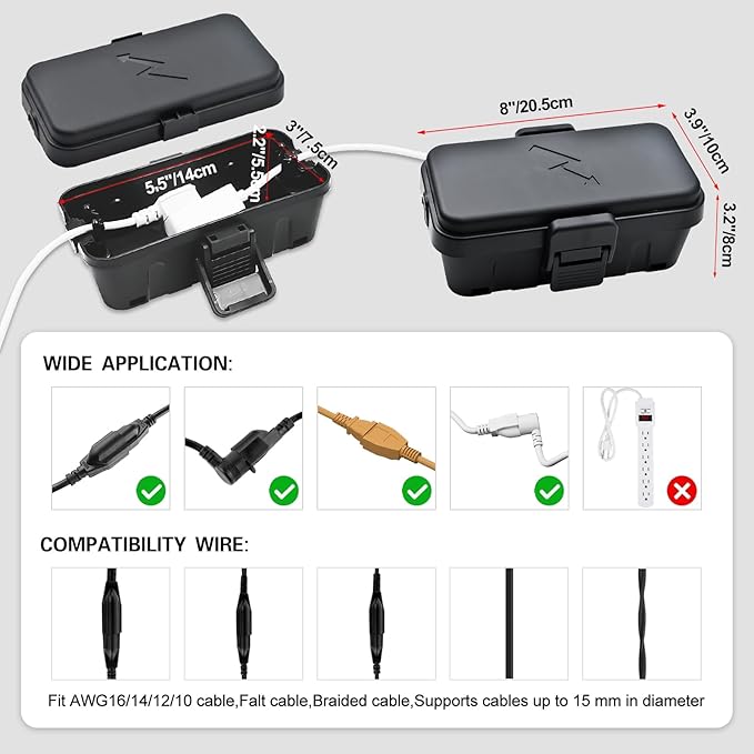 Hrensaw 3PCS Small Weatherproof Electrical Connection Box(Inner 5.5x3x2.2inch),Outdoor Electrical Box,Waterproof Extension Cord Covers for Plug, Extension Cables, Holiday Lights,Black