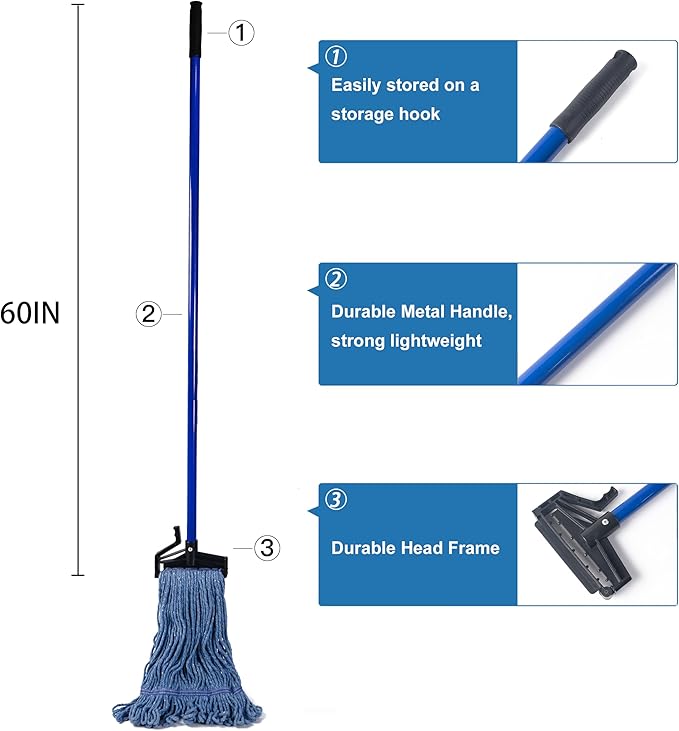 Matthew Easy Trigger Release Mop Handle 60 inch Metal Mop Stick,Commercial Mop Head Replacement Holder for Floor Cleaning,Clip On Mop Handle Quick Change for Wet Mop Handle - 12Pack Blue