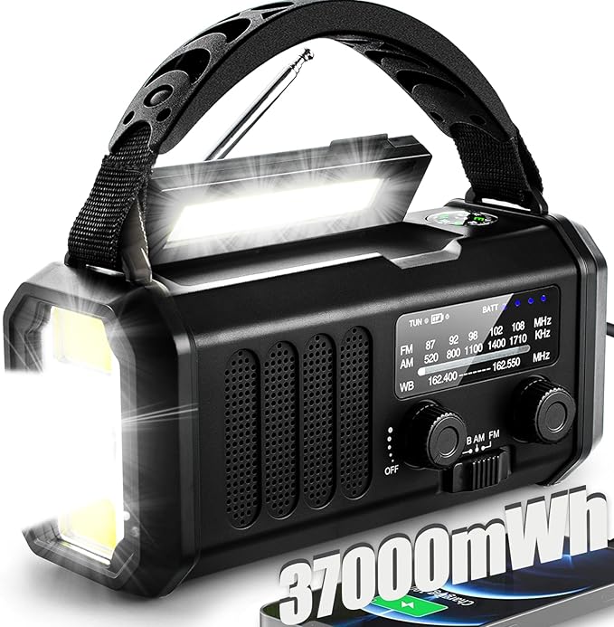 Hand Crank Emergency Radio,37000mWh Solar Powered Portable NOAA AM FM Weather Radio with 3Mode Flashlight and Reading Light,Cell Phone Charger,Home and Emergency Distress Signal (Black)