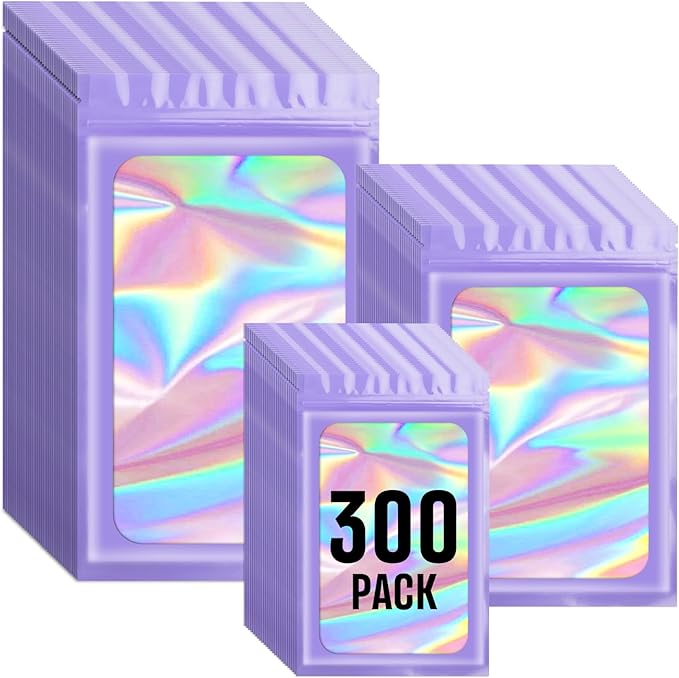 Funfery 300 Pack 3 Size Mylar Holographic Bags with Clear Window,Resealable Bag Smell Proof Foil Baggies Packaging Pouch for Food Storage,Sample,Small Business(Purple,3x4.7,4x6,4.7x7.9in)