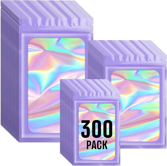 Funfery 300 Pack 3 Size Mylar Holographic Bags with Clear Window,Resealable Bag Smell Proof Foil Baggies Packaging Pouch for Food Storage,Sample,Small Business(Purple,3x4.7,4x6,4.7x7.9in)
