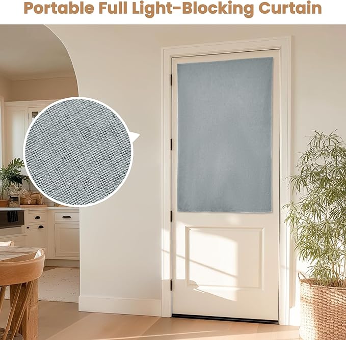 100% Blackout French Door Curtain,Adhesive, No Drilling Required,Small Curtains Designed for Installation On Doors (Light Gray - W25 × L40 in)