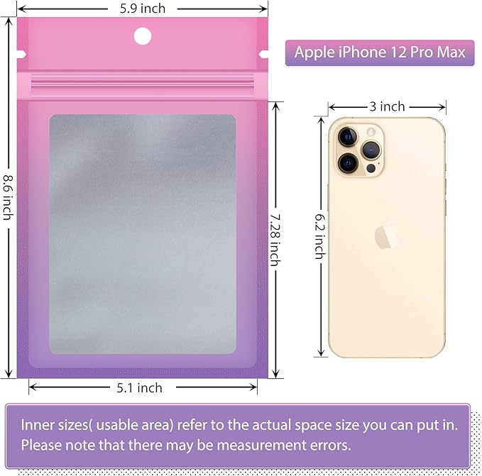 Funfery 100 Pcs Resealable Smell Proof Bags for Food Storage,Clear Cute Mylar Bags for Small Business Foil Pouch Zipper Packaging Bag for Sample Jewelry Eyelash Gloss(Pink Purple,5.9×8.6in)