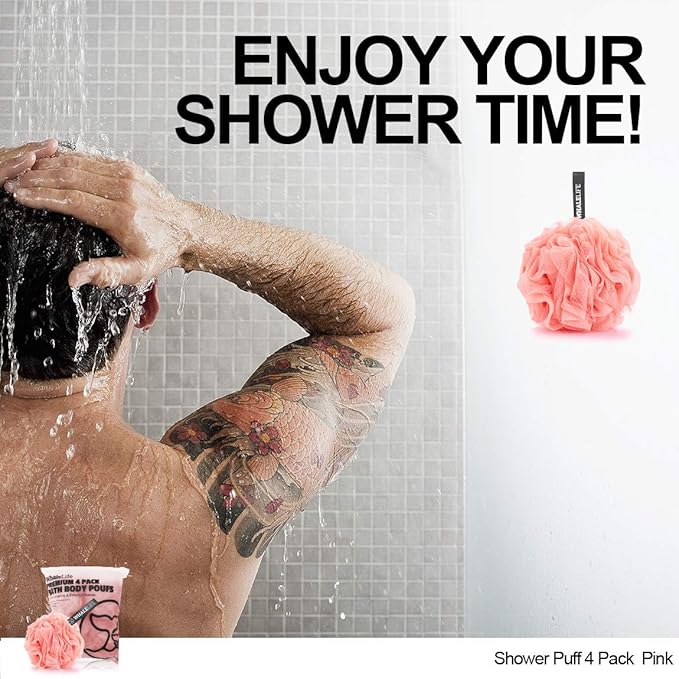 Loofah Sponge Bath Sponge for Women Men 4 Pack (Pink)