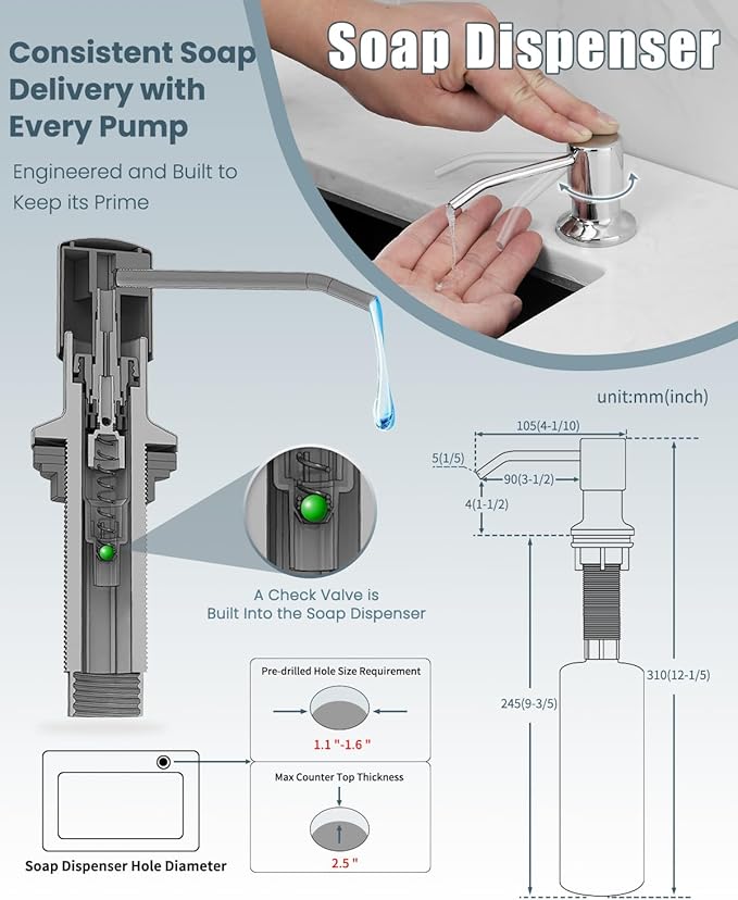 Kitchen Faucet with Soap Dispenser, Kitchen Faucet with Deck Plate and Dual Function Spray Head, Chrome Faucet for Camper Farmhouse RV Kitchen Sink, Single Handle Stainless Steel Sink Faucet