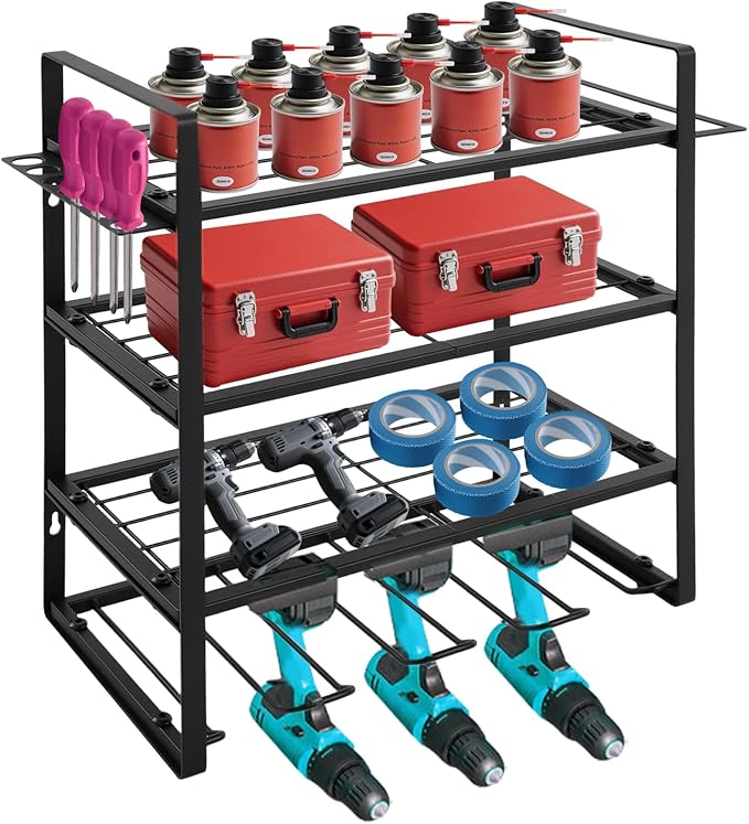 4-Tier Heavy Duty Tool Organizer Rack, Wall Mounted Tool Holder with Hooks, 132 lbs Capacity Carbon Steel Garage Storage Rack for Garages, Workshops, Repair Shops, Black